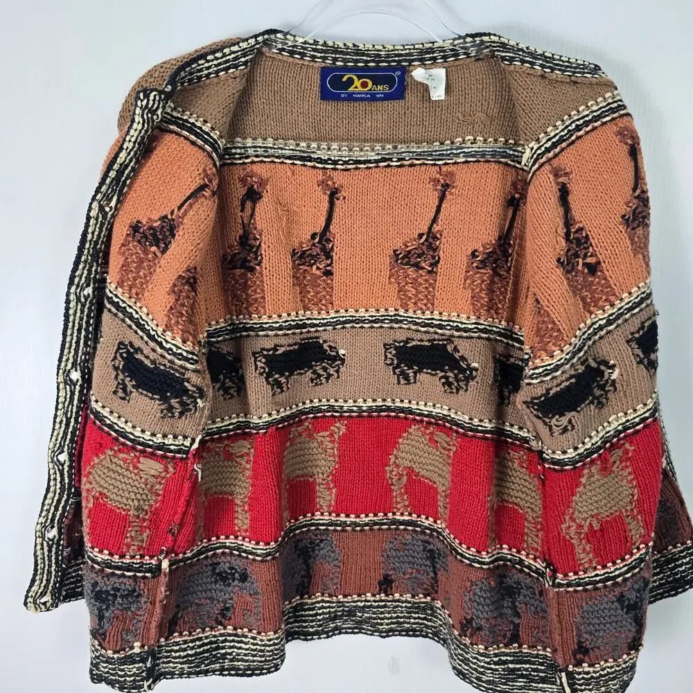 Vintage 90s 20 Ans Marisa Christina Safari Animal Knit Cardigan Sweater M